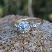 Platinum & 18k gold vintage halo Edwardian diamond ring - hallmarks