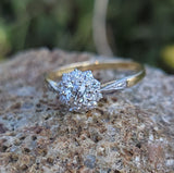 Platinum & 18k gold vintage halo Edwardian diamond ring - hallmarks