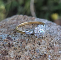 Platinum & 18k gold vintage halo Edwardian diamond ring - hallmarks