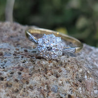 Platinum & 18k gold vintage halo Edwardian diamond ring - hallmarks