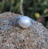 Platinum Edwardian mabe pearl & diamond filigree antique ring