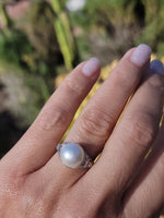 Platinum Edwardian mabe pearl & diamond filigree antique ring