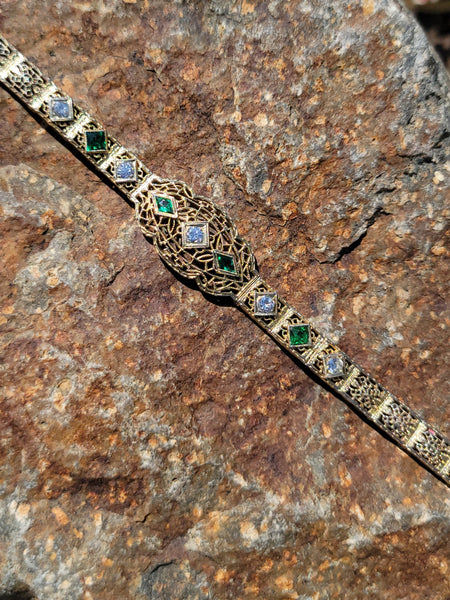 14k YELLOW gold c.1920's Deco filigree diamond & emerald bracelet