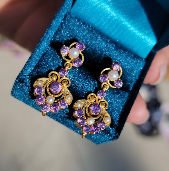 14k Gold Amethyst & Pearl estate Earrings