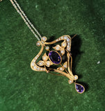 9ct gold Victorian amethyst & seed pearl necklace pendant lavaliere pin