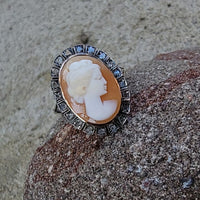 18k yellow gold - silver top antique carved shell cameo & rose cut diamond estate ring