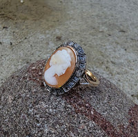 18k yellow gold - silver top antique carved shell cameo & rose cut diamond estate ring