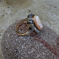 18k yellow gold - silver top antique carved shell cameo & rose cut diamond estate ring