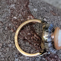 18k yellow gold - silver top antique carved shell cameo & rose cut diamond estate ring