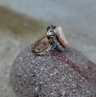 18k yellow gold - silver top antique carved shell cameo & rose cut diamond estate ring