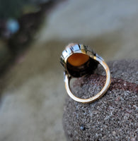 18k yellow gold - silver top antique carved shell cameo & rose cut diamond estate ring