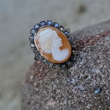 18k yellow gold - silver top antique carved shell cameo & rose cut diamond estate ring