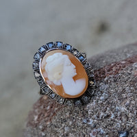 18k yellow gold - silver top antique carved shell cameo & rose cut diamond estate ring