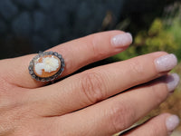 18k yellow gold - silver top antique carved shell cameo & rose cut diamond estate ring