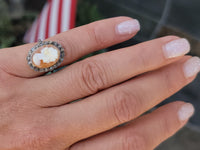 18k yellow gold - silver top antique carved shell cameo & rose cut diamond estate ring