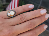 18k yellow gold - silver top antique carved shell cameo & rose cut diamond estate ring