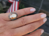 18k yellow gold - silver top antique carved shell cameo & rose cut diamond estate ring