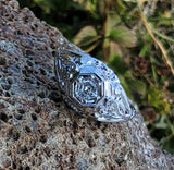 14k white gold c.20's Deco  hexagon diamond filigree ring