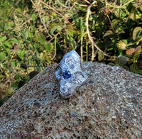 18k white gold Diamond & Sapphire estate Art Deco filigree glove shield Ring