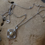 Platinum & 14k  Deco c.1920's filigree diamond & pearl pendant necklace