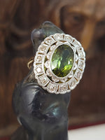 platinum top & 14k gold two tone green tourmaline & diamond estate antique halo ring