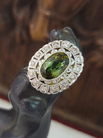 platinum top & 14k gold two tone green tourmaline & diamond estate antique halo ring