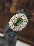 platinum top & 14k gold two tone green tourmaline & diamond estate antique halo ring