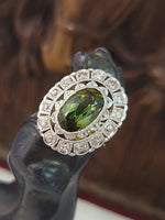 platinum top & 14k gold two tone green tourmaline & diamond estate antique halo ring
