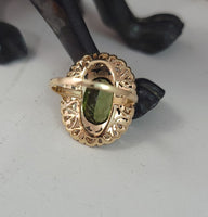platinum top & 14k gold two tone green tourmaline & diamond estate antique halo ring