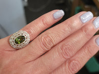 platinum top & 14k gold two tone green tourmaline & diamond estate antique halo ring