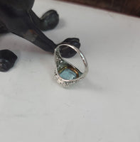 18k white gold c.1920's floral flower filigree emerald cut Aquamarine ring