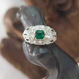 14k white gold Emerald & Diamond estate Art Deco vintage antique ring