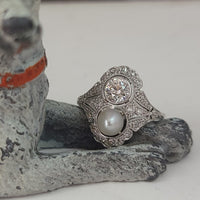 Platinum Diamond & Pearl estate Art Deco c.1920's filigree Ring