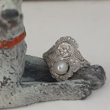 Platinum Diamond & Pearl estate Art Deco c.1920's filigree Ring
