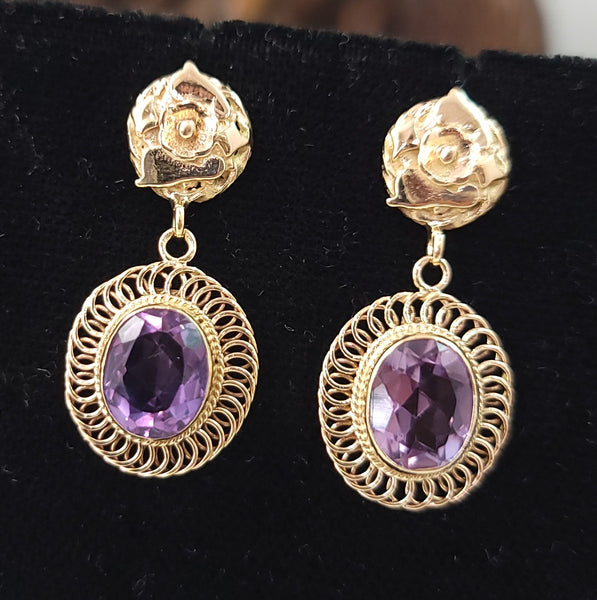 14k gold floral estate Amethyst filigree Earrings