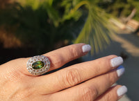 platinum top & 14k gold two tone green tourmaline & diamond estate antique halo ring