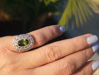 platinum top & 14k gold two tone green tourmaline & diamond estate antique halo ring