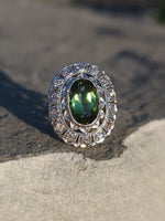 platinum top & 14k gold two tone green tourmaline & diamond estate antique halo ring
