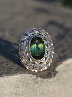 platinum top & 14k gold two tone green tourmaline & diamond estate antique halo ring