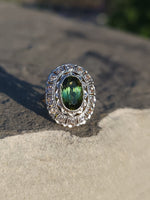 platinum top & 14k gold two tone green tourmaline & diamond estate antique halo ring