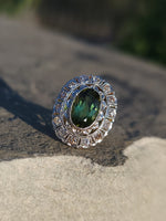 platinum top & 14k gold two tone green tourmaline & diamond estate antique halo ring