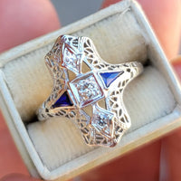 18k white gold diamond & sapphire estate Art Deco c.20-30's filigree glove shield ring