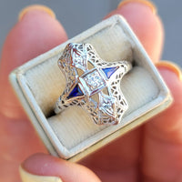 18k white gold diamond & sapphire estate Art Deco c.20-30's filigree glove shield ring