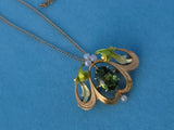 14k gold Art Nouveau enamel, peridot & pearl lavaliere pendant necklace pin
