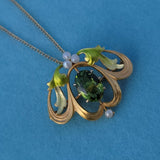 14k gold Art Nouveau enamel, peridot & pearl lavaliere pendant necklace pin