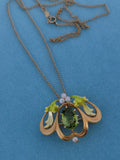 14k gold Art Nouveau enamel, peridot & pearl lavaliere pendant necklace pin