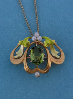 14k gold Art Nouveau enamel, peridot & pearl lavaliere pendant necklace pin