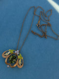 14k gold Art Nouveau enamel, peridot & pearl lavaliere pendant necklace pin
