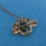 14k gold Art Nouveau enamel, peridot & pearl lavaliere pendant necklace pin