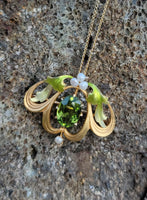 14k gold Art Nouveau enamel, peridot & pearl lavaliere pendant necklace pin